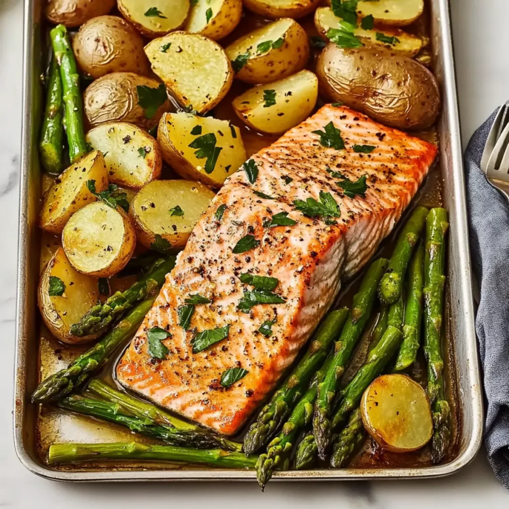 Garlic Butter Salmon with Potatoes & Asparagus