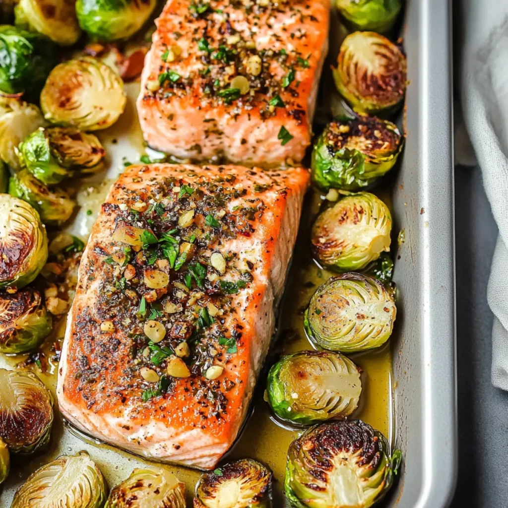 Garlic Roasted Salmon & Brussels Sprouts