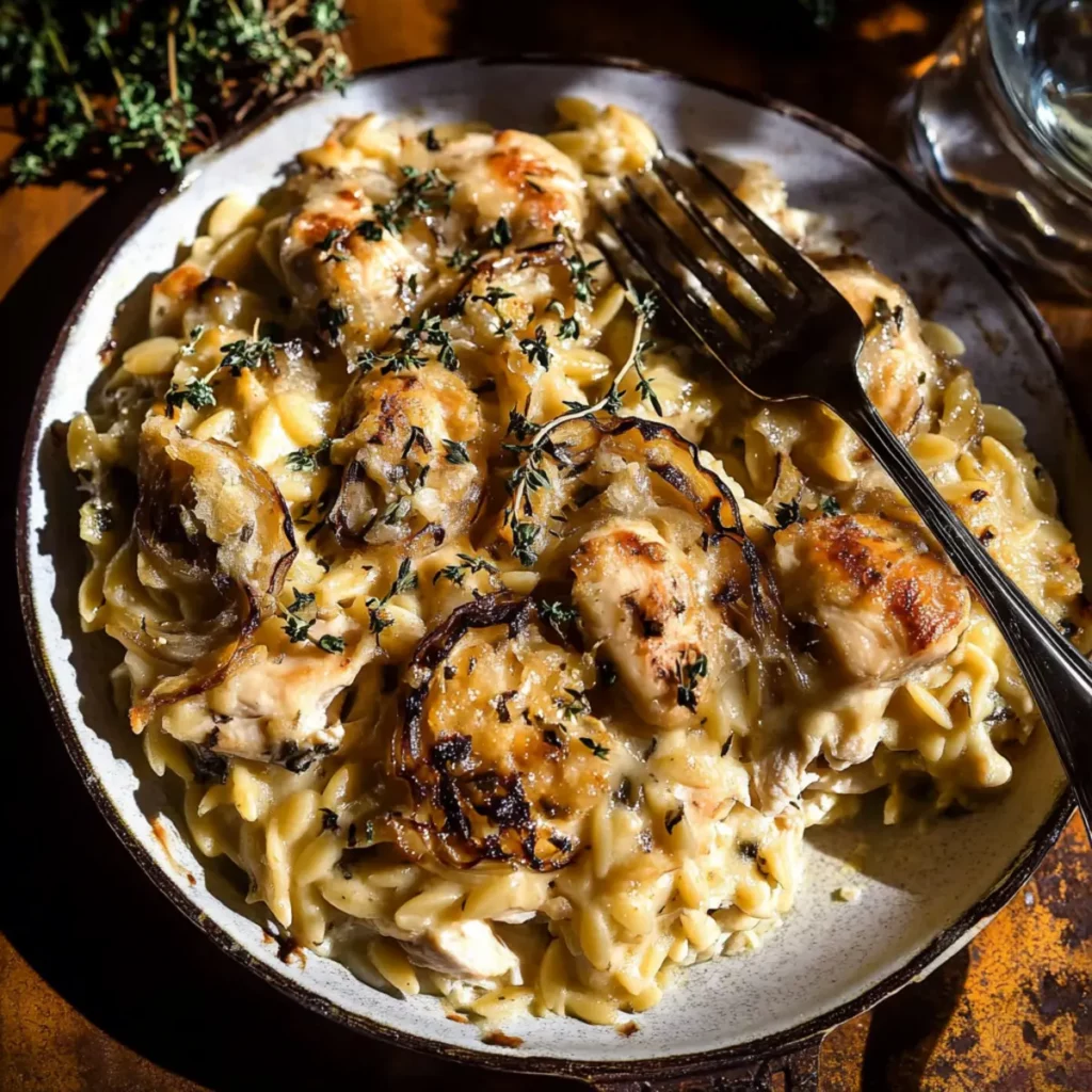 French Onion Chicken Orzo Casserole