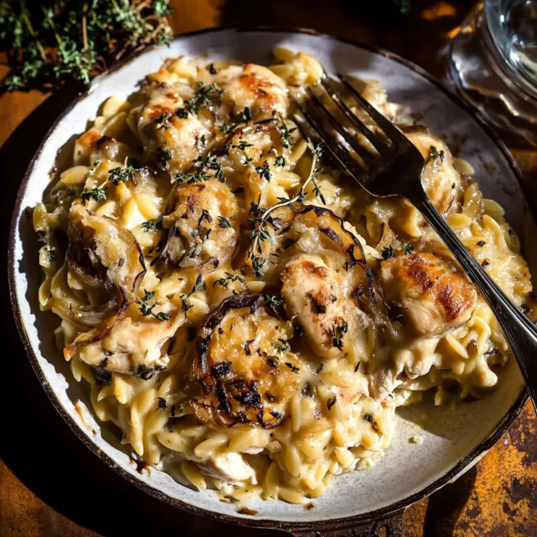 French Onion Chicken Orzo Casserole
