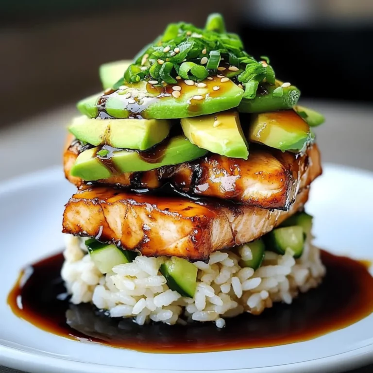 Teriyaki Salmon Avocado Rice Stack