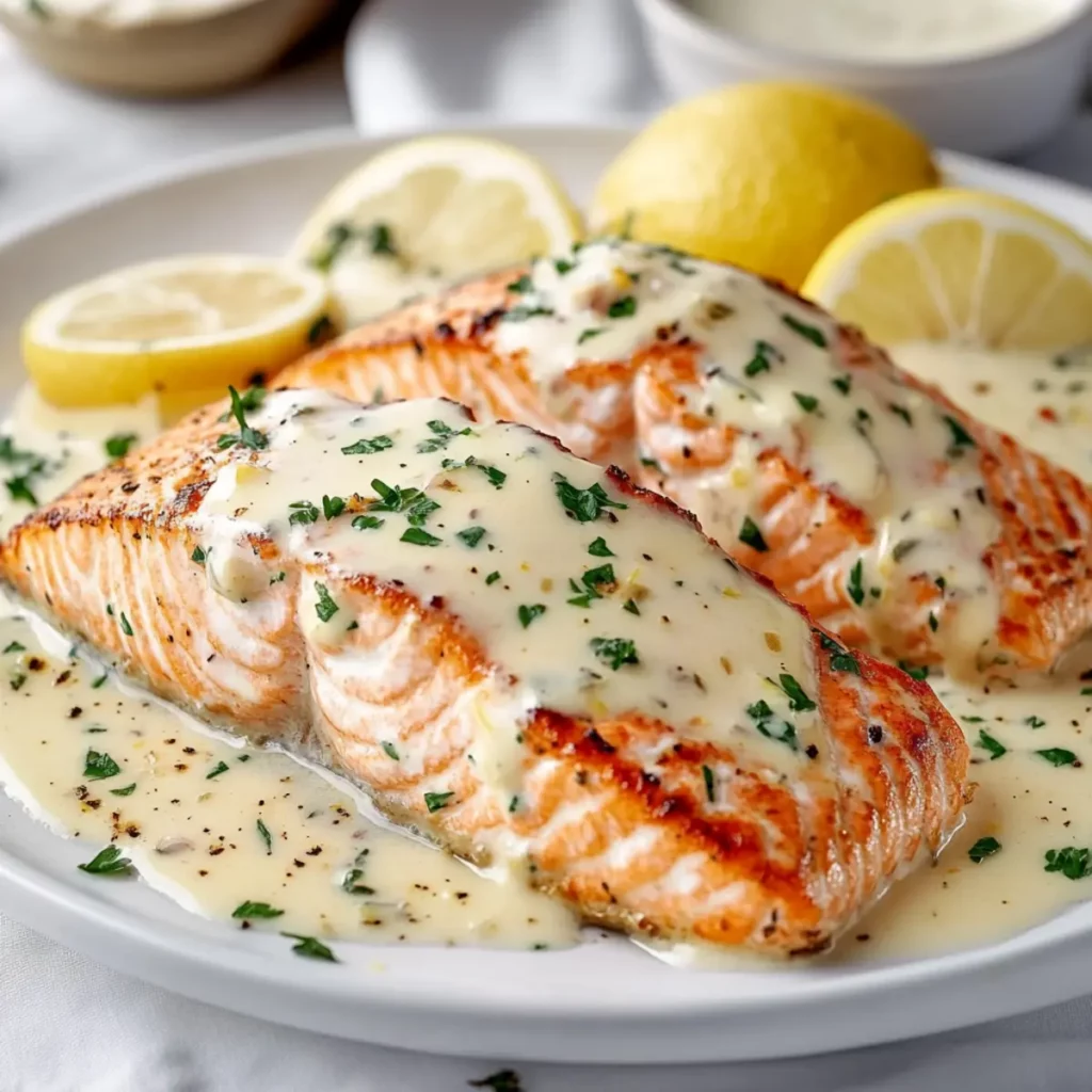 Baked Salmon with Creamy Lemon Garlic Sauce