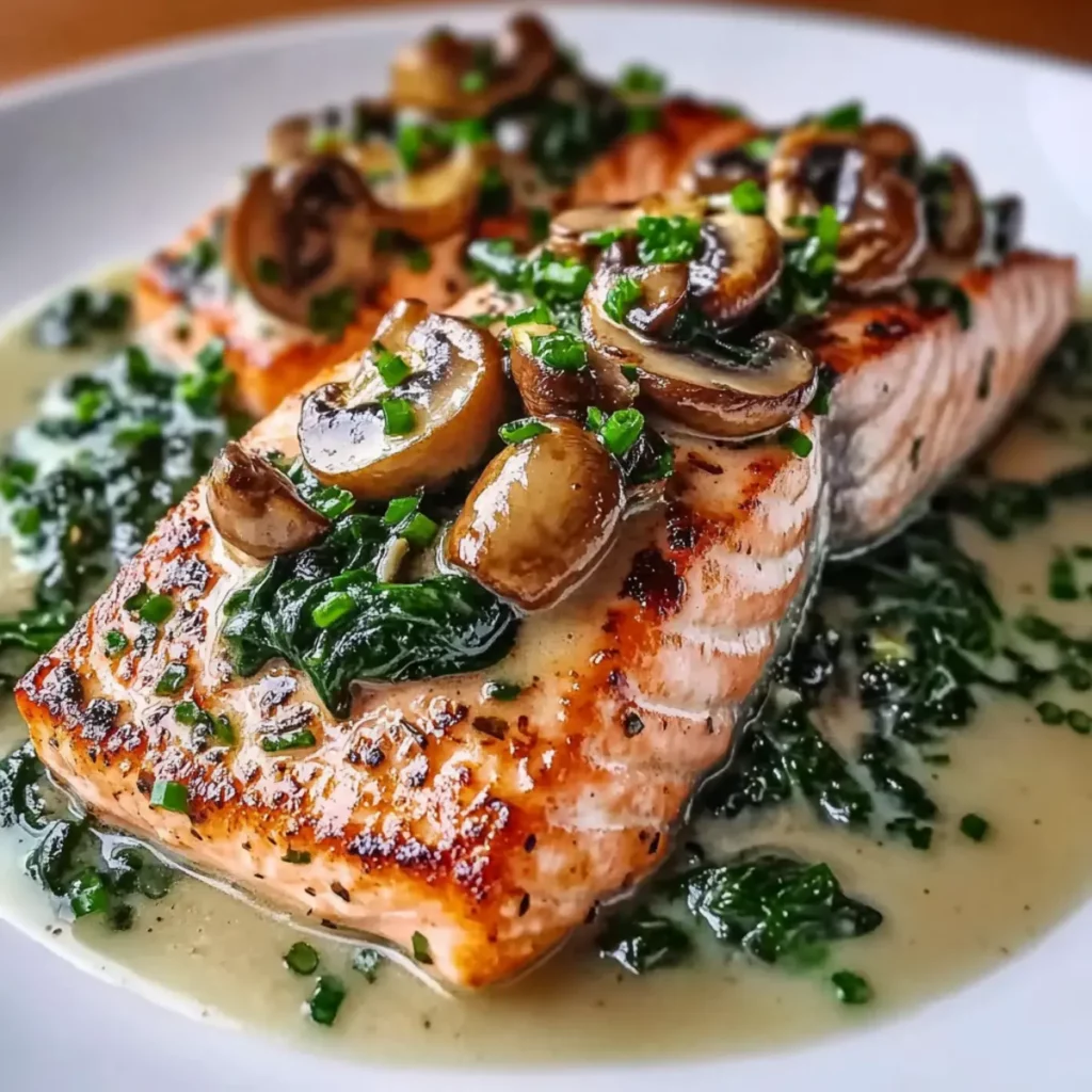 Garlic Butter Salmon with Sautéed Spinach & Mushrooms